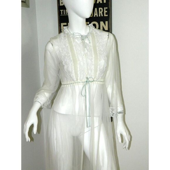 Miss Elaine Robe White Sheer Blue Drawstring  Lace  Neck Ruffle Peignoir Small - Picture 3 of 13